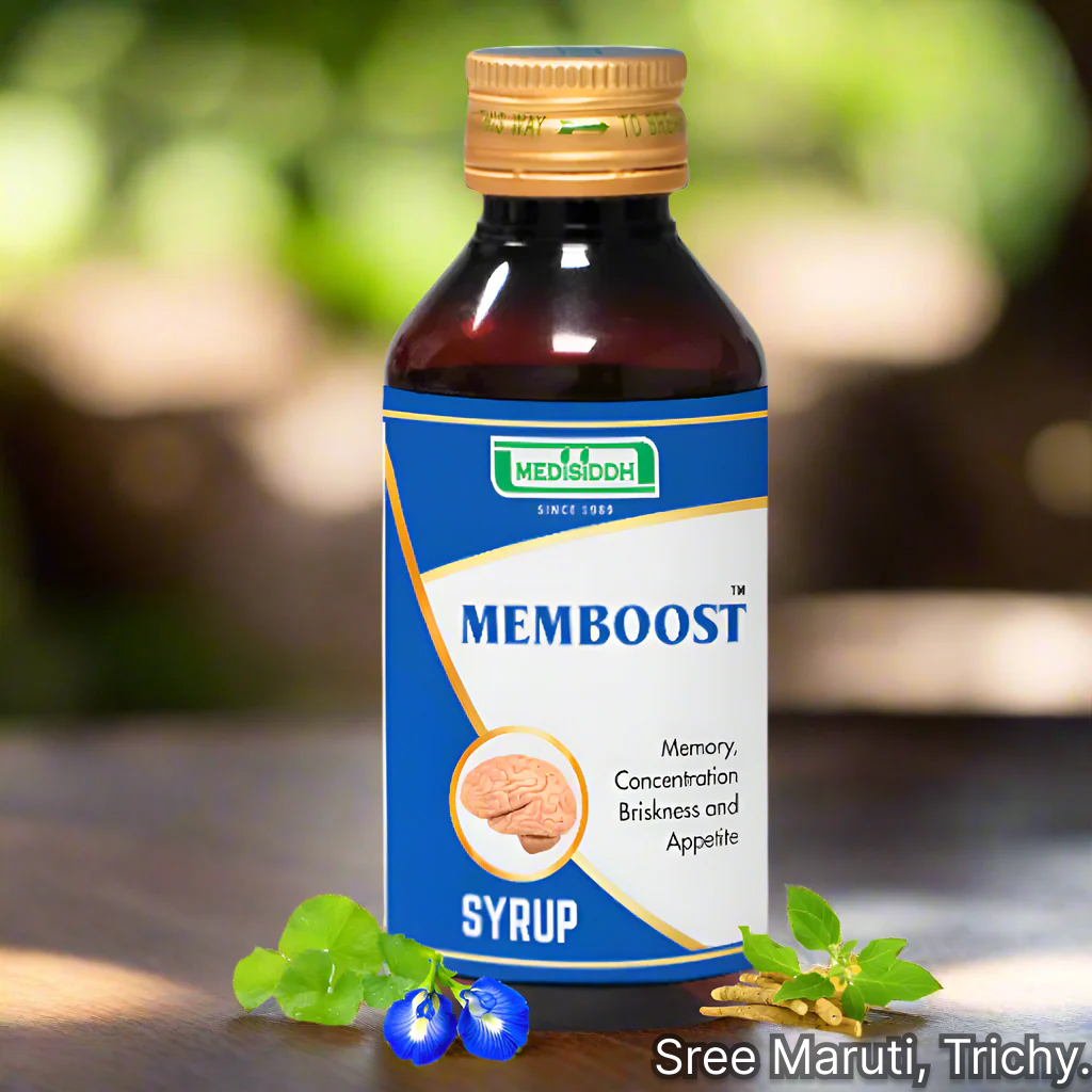Memboost Syrup bottle with herbs for memory improvement and brain function support.