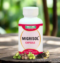 Migrisol Capsule pack with herbal background and headache relief illustration