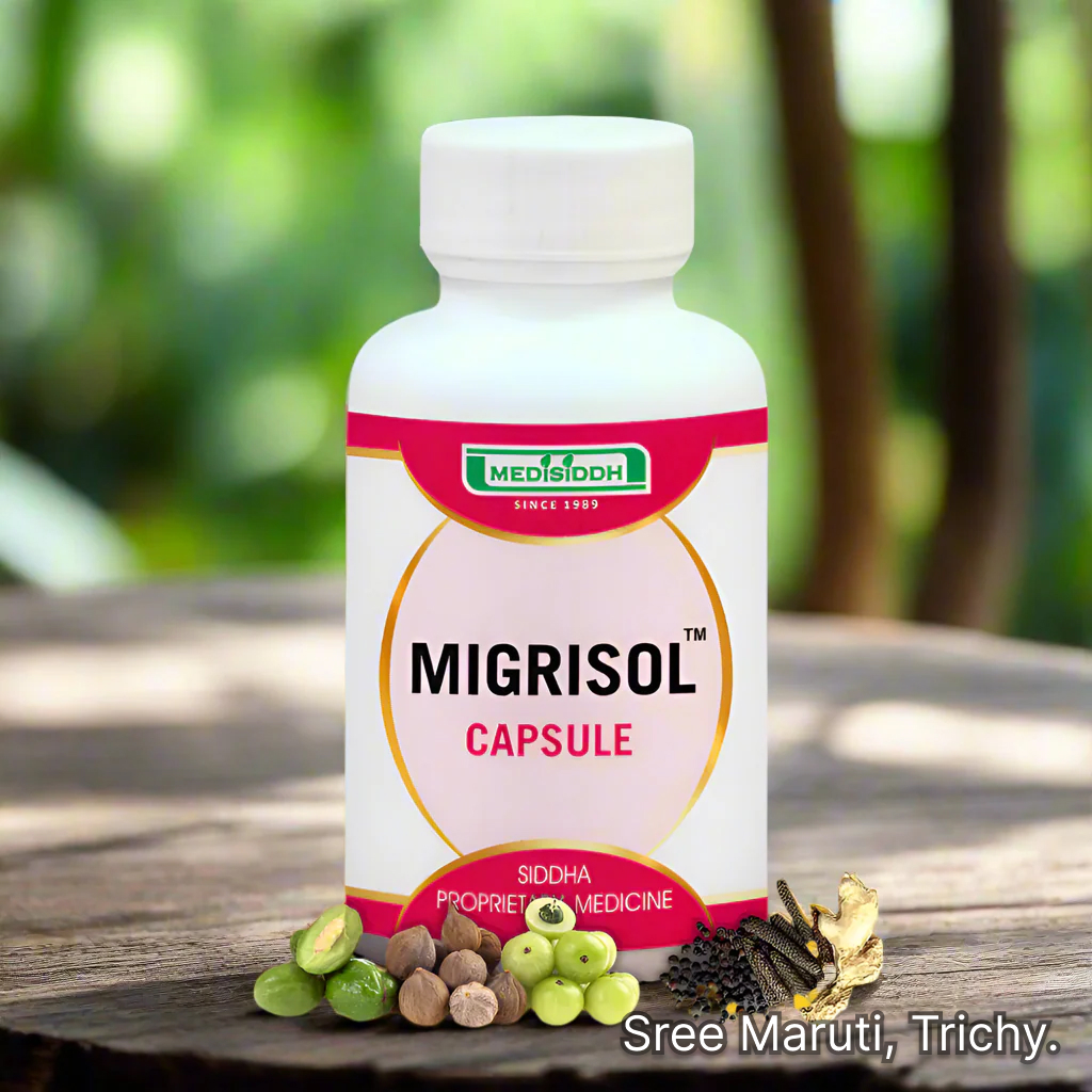 Migrisol Capsule pack with herbal background and headache relief illustration