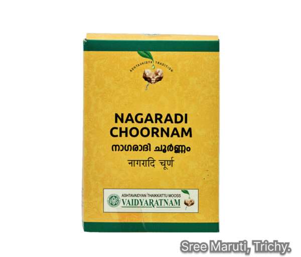 Nagaradi Choornam powder with dried ginger roots and Ayurvedic herbs.