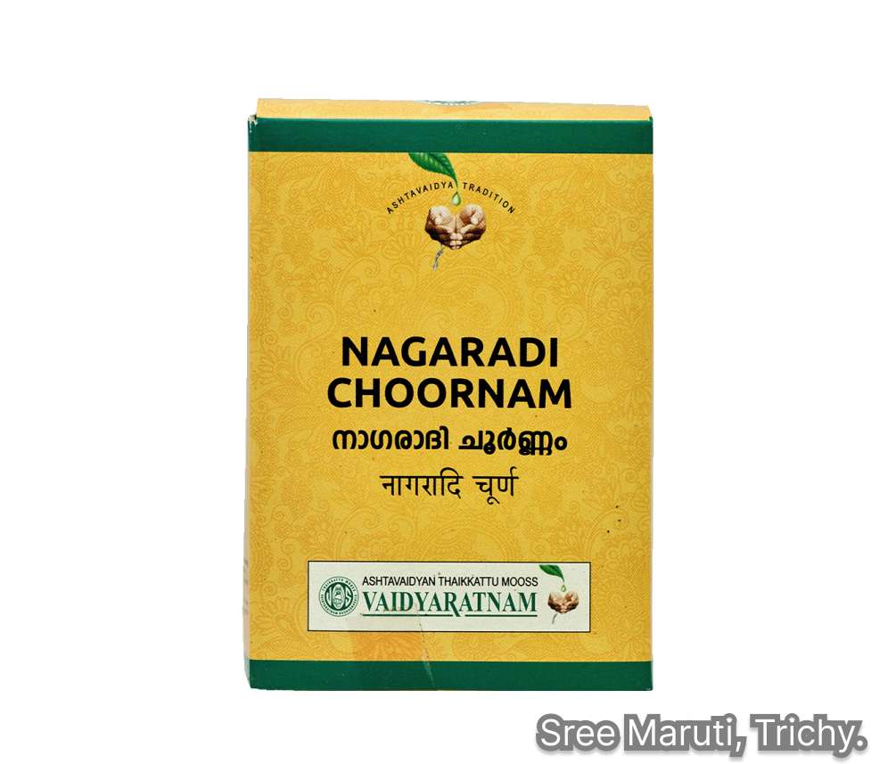 Nagaradi Choornam powder with dried ginger roots and Ayurvedic herbs.