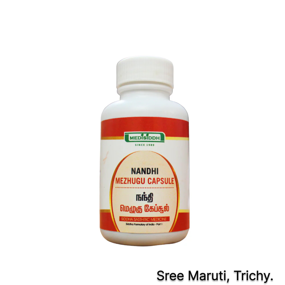 Nandhi Mezhugu Capsules for poisonous bites, leucoderma, gastritis, and delirium.