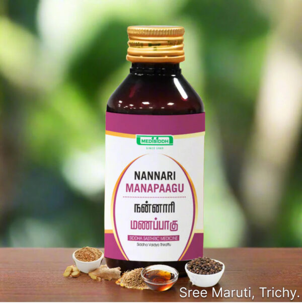 Nannari Manapaagu syrup bottle with herbal roots and a refreshing drink.