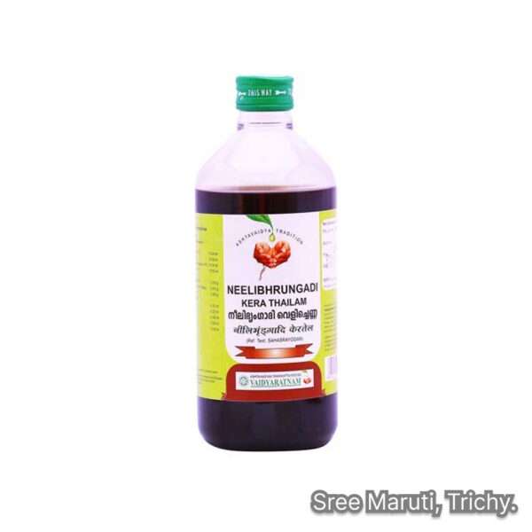 Bottle of Neelibhrungadi Kera Thailam with Ayurvedic herbs like Bhringraj and Amla, used for hair growth, reducing hair fall, and scalp health.