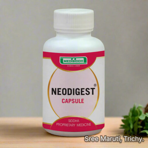 Neodigest Capsule pack with herbal background and digestion support symbol