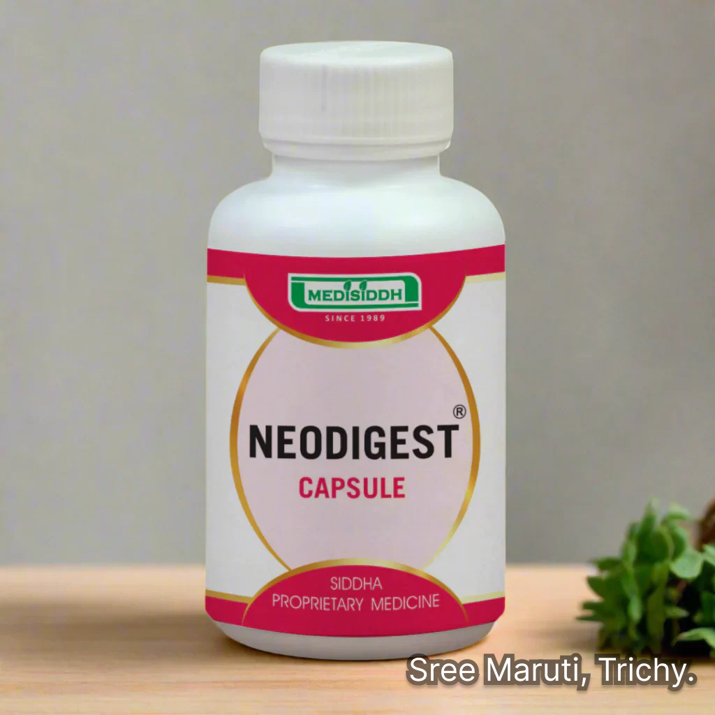 Neodigest Capsule pack with herbal background and digestion support symbol