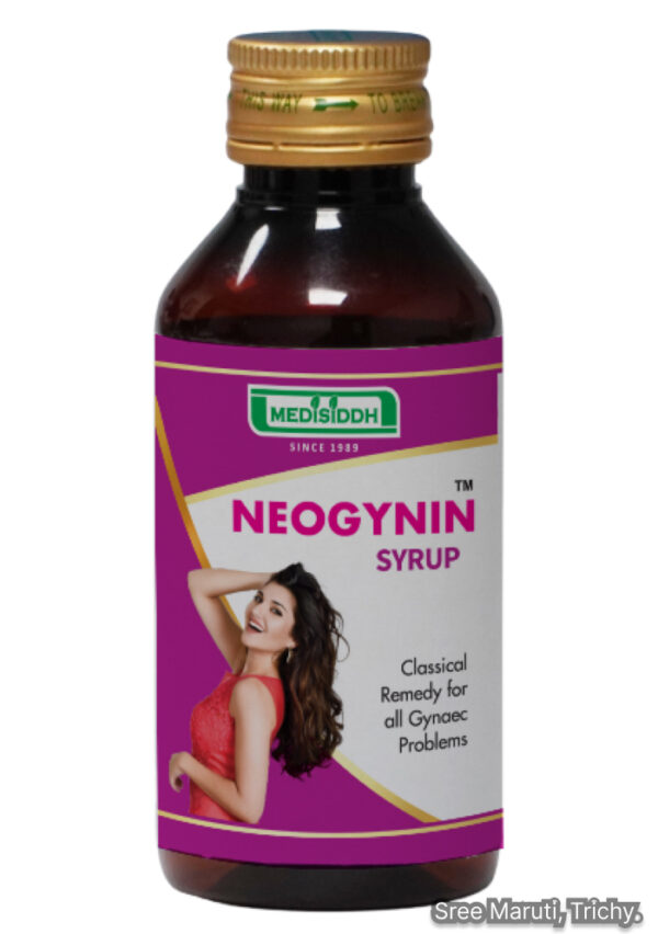 Neogynin Syrup bottle with herbs for women’s health and menstrual support.