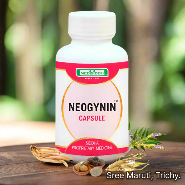 Neogynin Capsule pack with herbal background and women’s health symbol