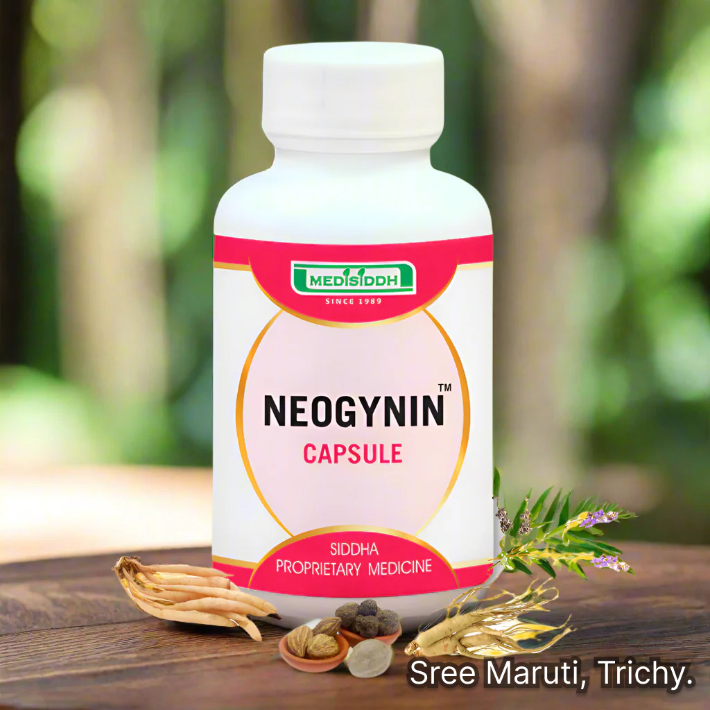 Neogynin Capsule pack with herbal background and women’s health symbol