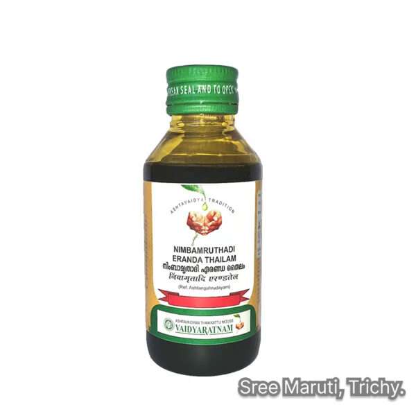 Bottle of Nimbamruthadi Eranda Thailam with neem leaves and castor seeds, used for digestive health, constipation relief, and detox.