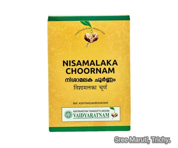 Nisamalaka Choornam Ayurvedic herbal powder for digestion, fever, liver disorders, and skin diseases.