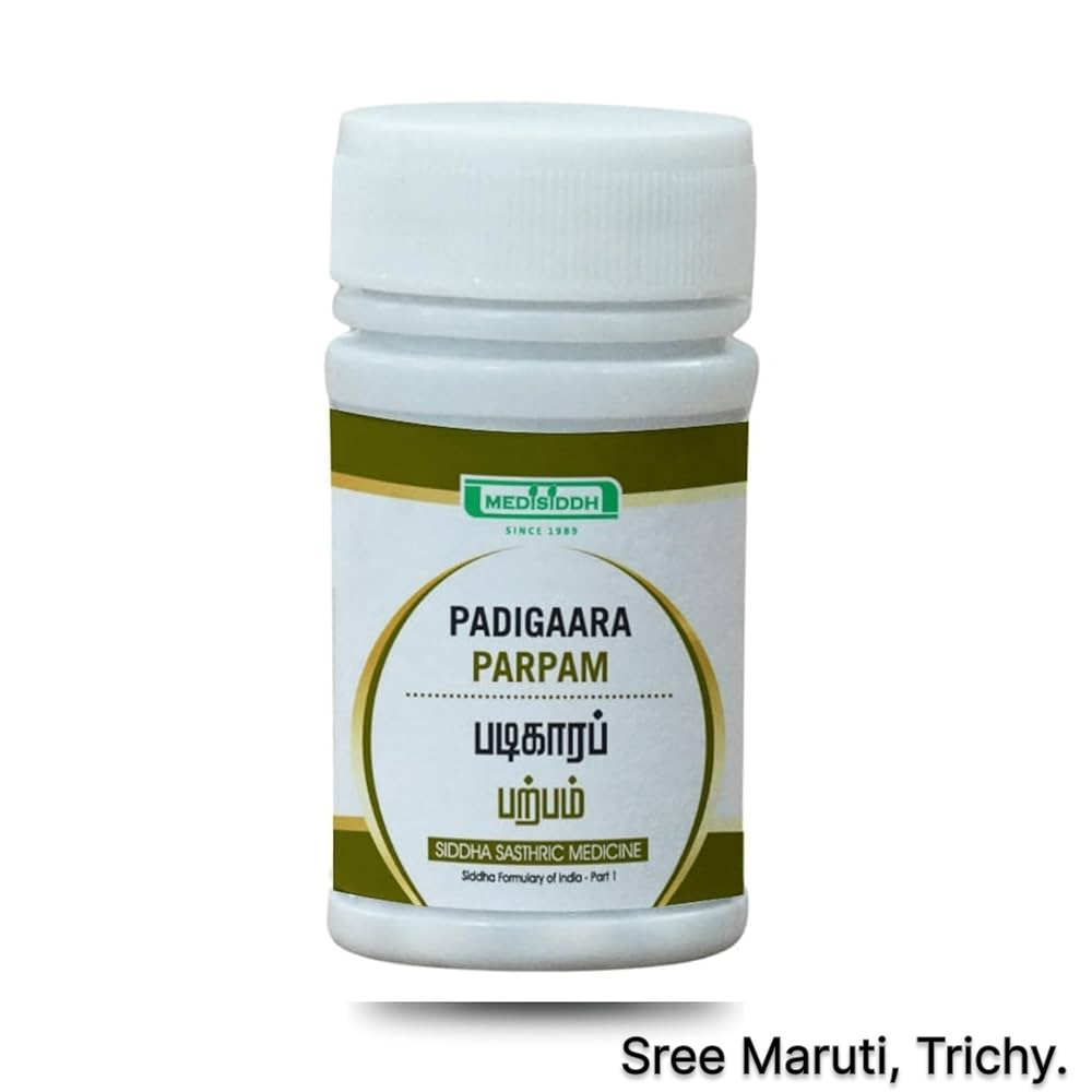 Padigaara Parpam Siddha medicine with alum crystals and powder.