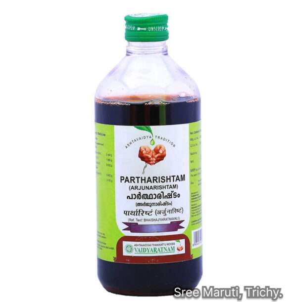 Partharishtam bottle with Arjuna bark – Ayurvedic medicine for heart care and blood pressure balance.