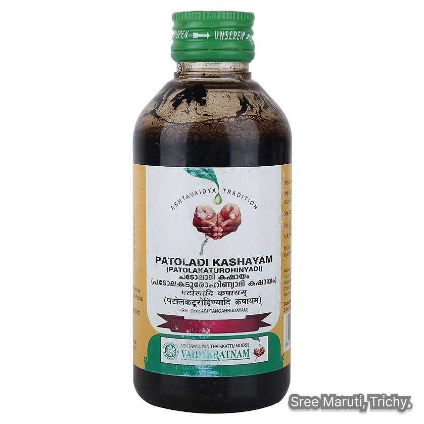 Patoladi Kashayam Ayurvedic herbal decoction for skin disorders, liver health, fever, and digestive issues.
