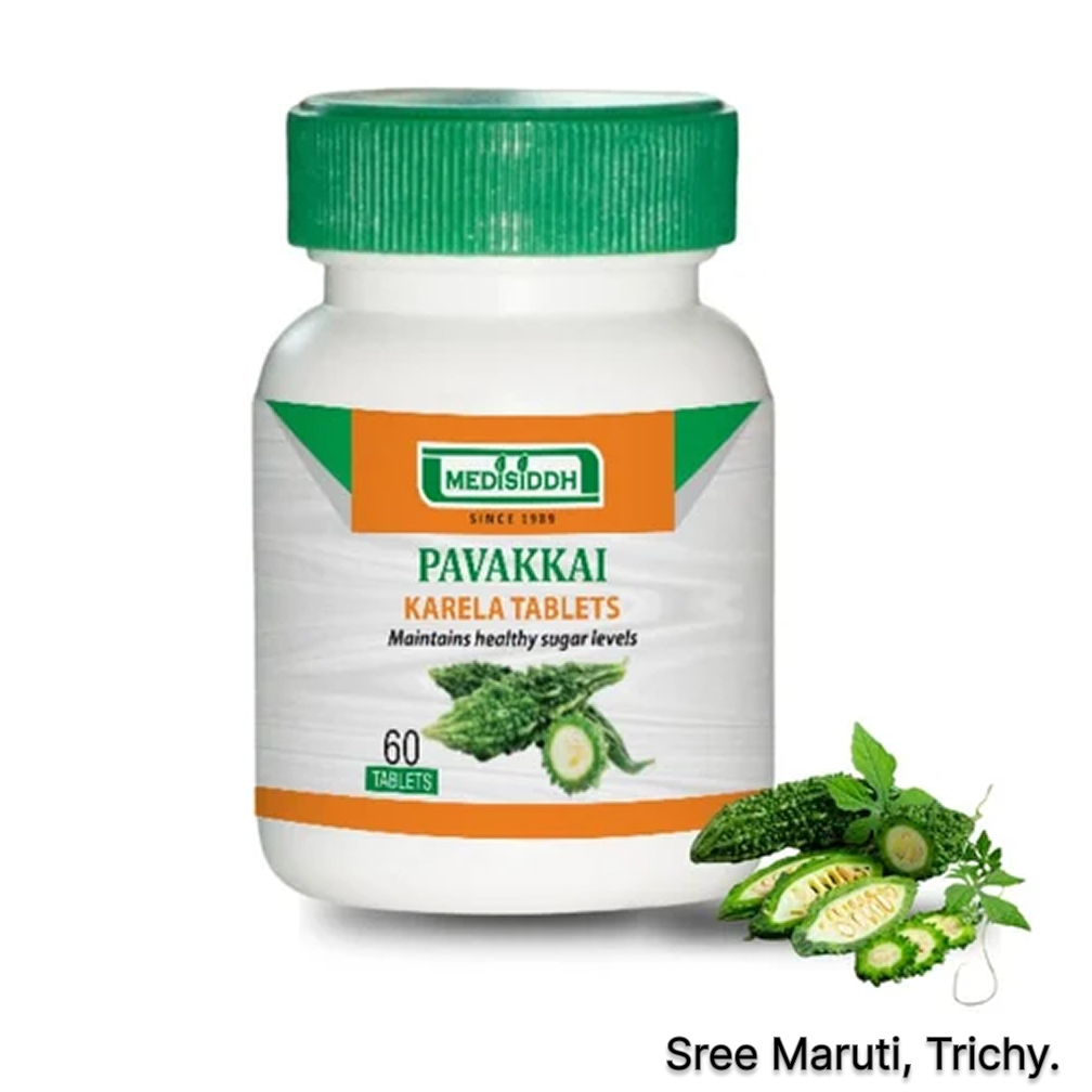 Bitter Gourd (Pavakkai) herbal tablets with bitter melon fruit – for sugar control, liver protection, and detoxification.