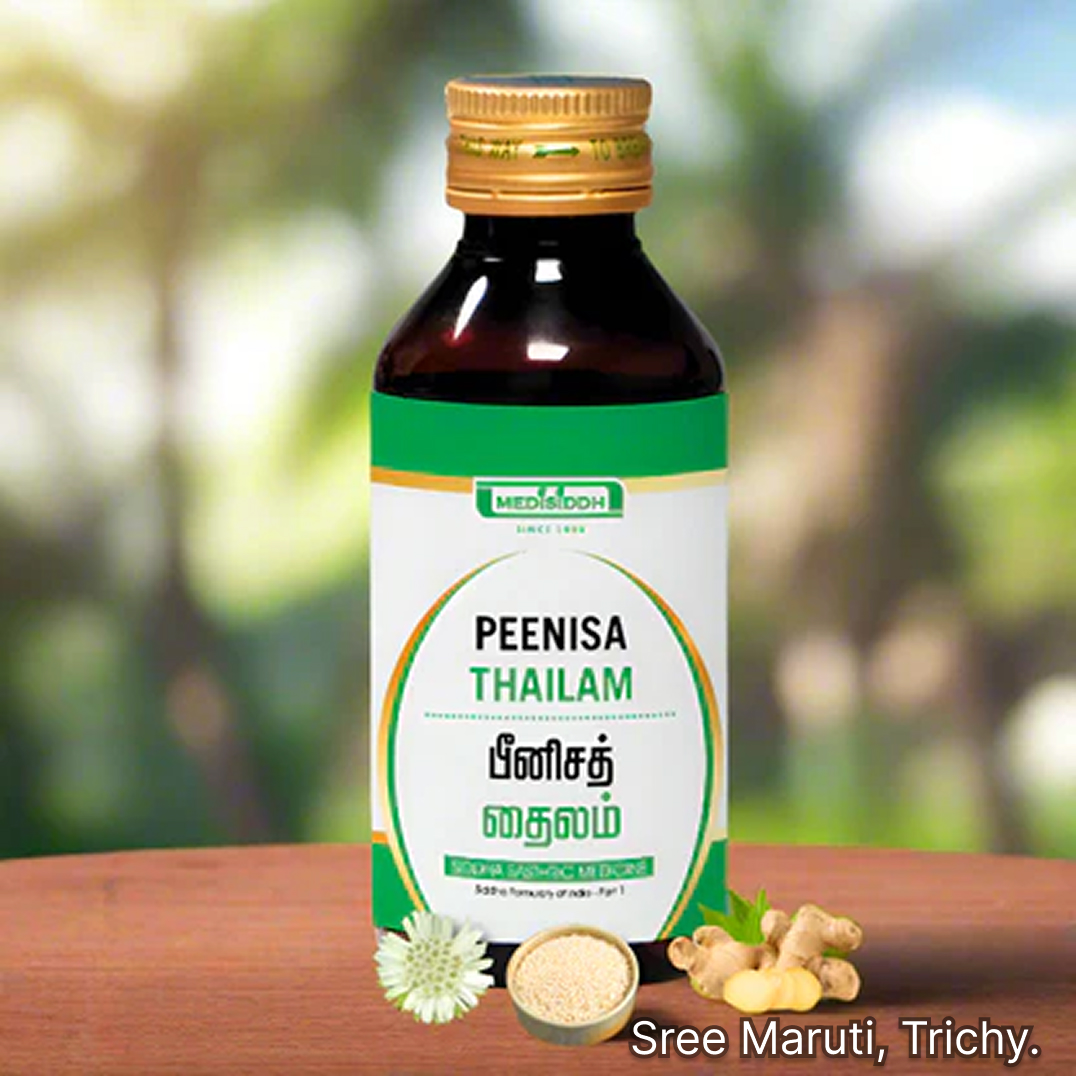 Peenisa Thailam herbal oil for cold, cough, sinusitis, nasal congestion, and respiratory relief.