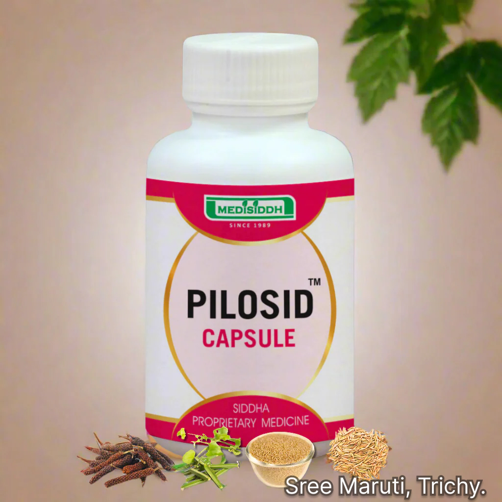 Pilosid Capsule pack with herbal background and anorectal care illustration