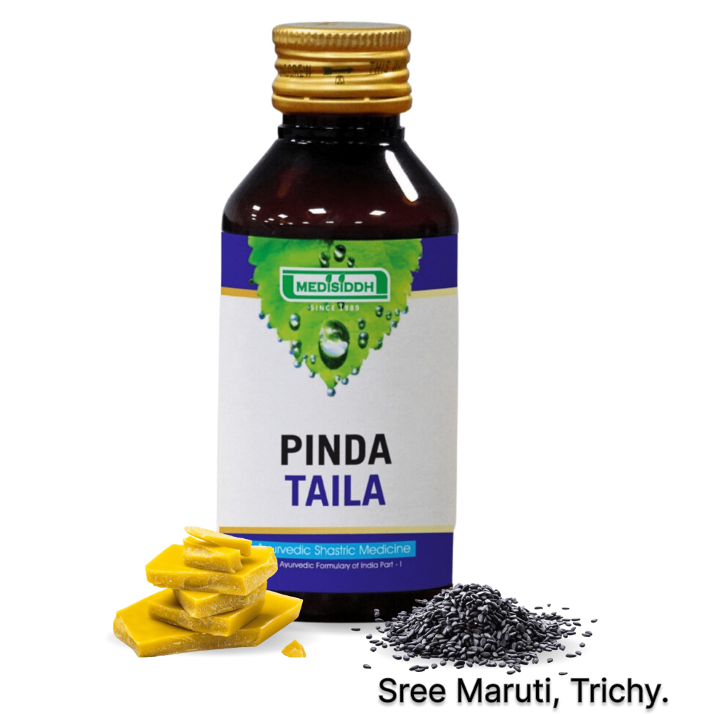 Pinda Tailam Ayurvedic oil for pain, burning sensation, arthritis, gout, and nervous system disorders.
