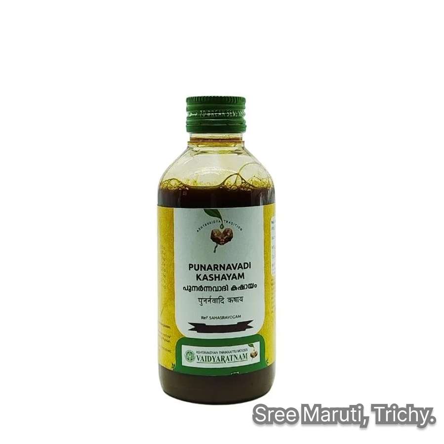 Cup of Punarnavadi Kashayam with Ayurvedic herbs, used for kidney, urinary, and liver health, reducing water retention, and detoxification.