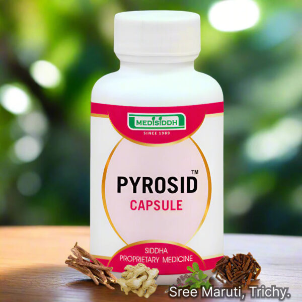 Pyrosid Capsule pack with herbal background and fever/cough relief illustration