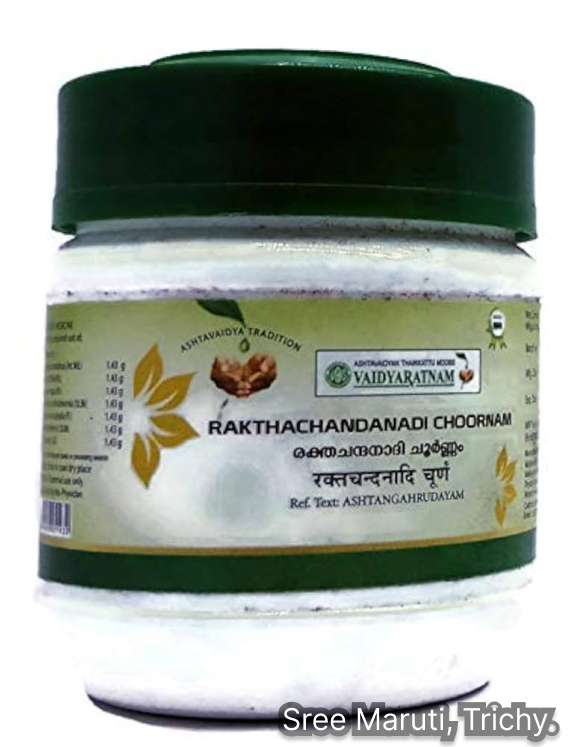 Rakthachandanadi Choornam powder with red sandalwood and herbs for skin care.