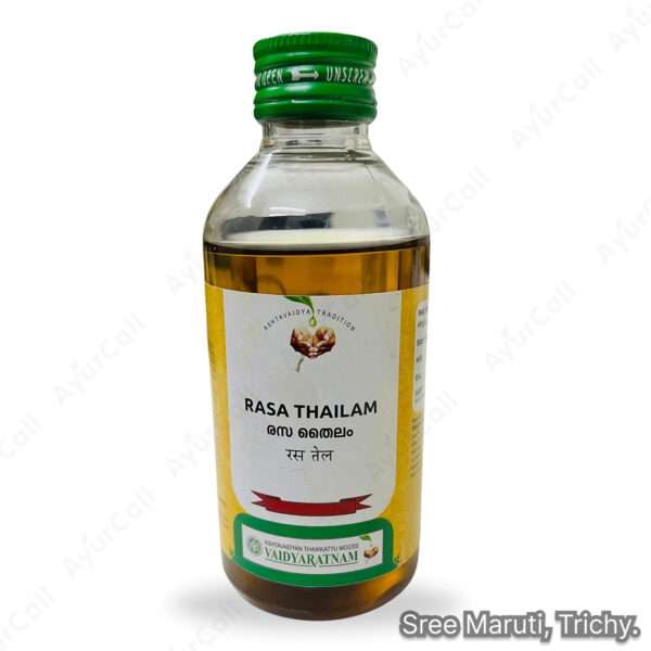 Rasa Thailam bottle with neem and turmeric – Ayurvedic oil for chronic skin diseases.