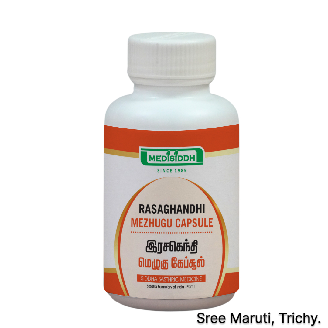 Rasagandhi Mezhugu Capsules for leprosy, itching, scabies, fissures, and rashes.