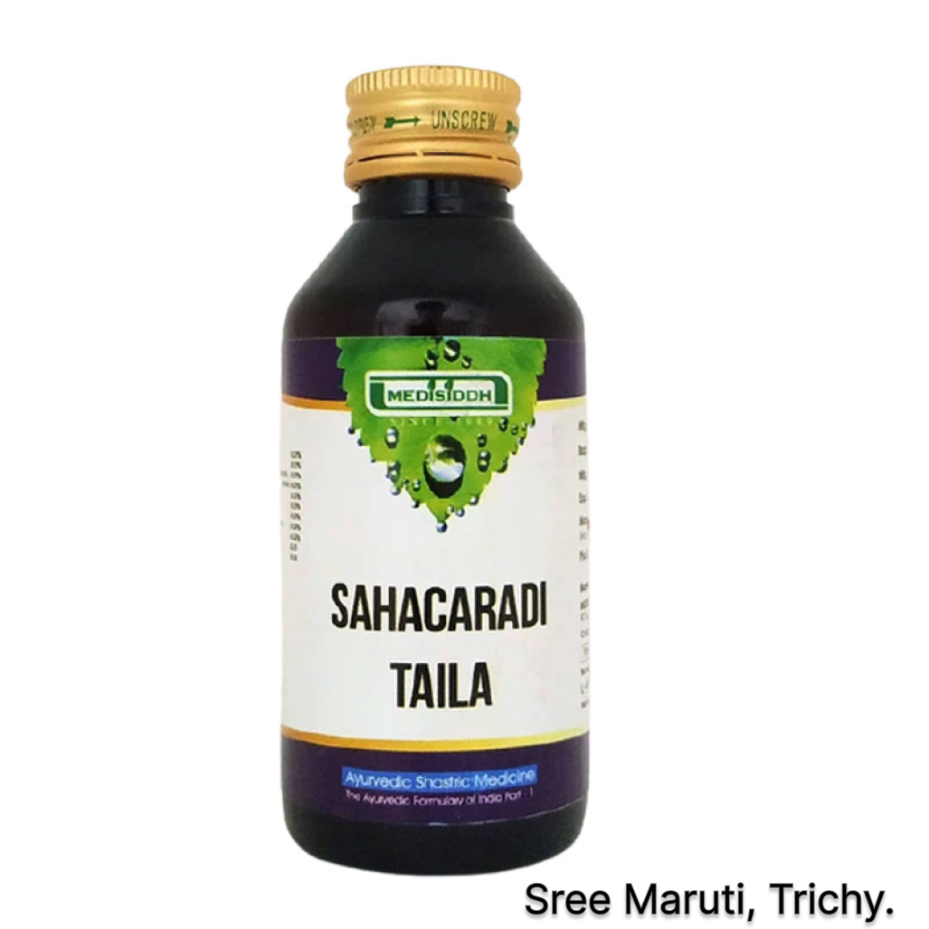 Sahacaradi Thailam Ayurvedic herbal oil for muscle and joint health.