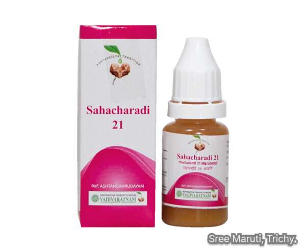 Sahacharadi 21 Aavarthi Thailam bottle with herbs for nerve, joint, and circulatory health.