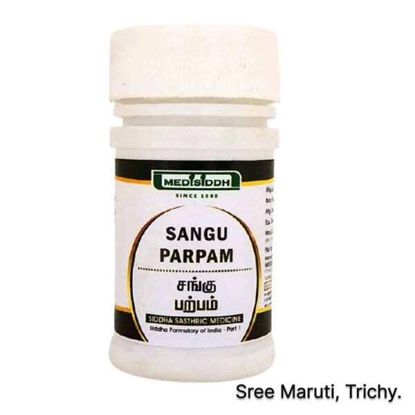 Sangu Parpam Siddha medicine with conch shells and powdered ash.