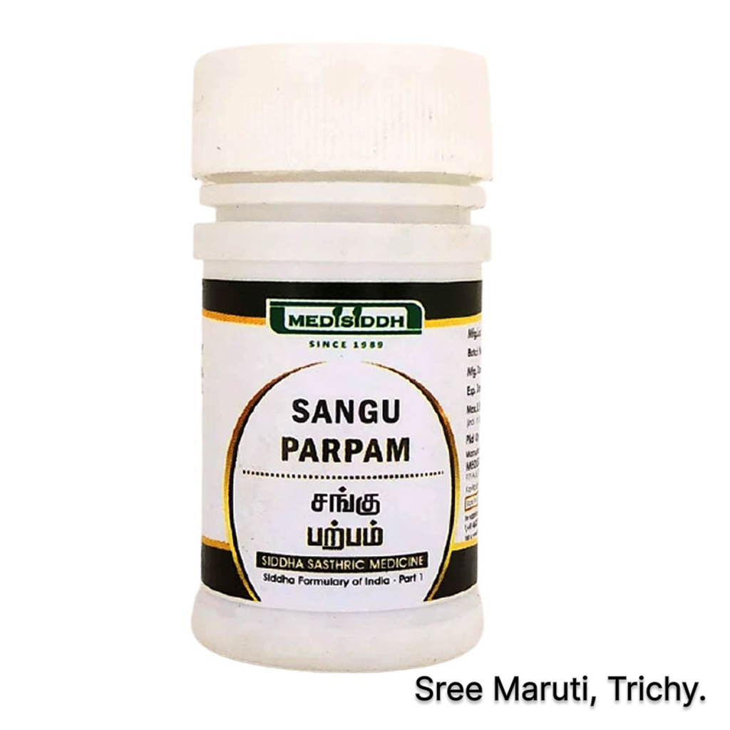 Sangu Parpam Siddha medicine with conch shells and powdered ash.