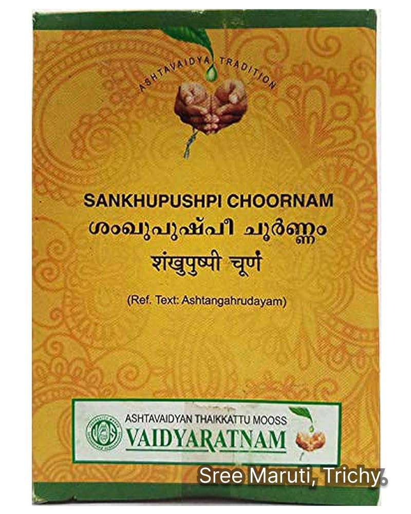 Sankhupushpi Choornam with Sankhupushpi herbs – Ayurvedic herbal powder for brain health and memory enhancement.