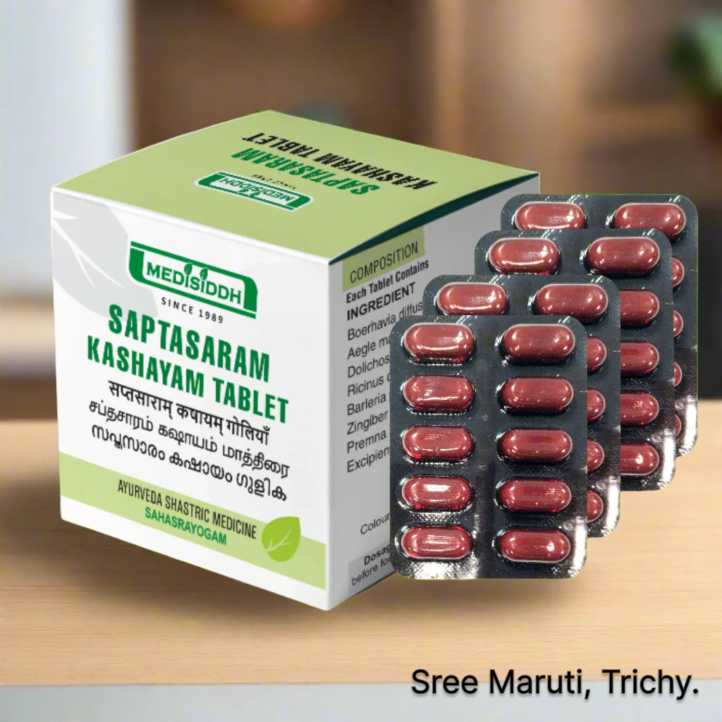 Saptasaaram Kashayam Tablets – Natural Ayurvedic medicine for constipation, digestive health, and female reproductive disorders.