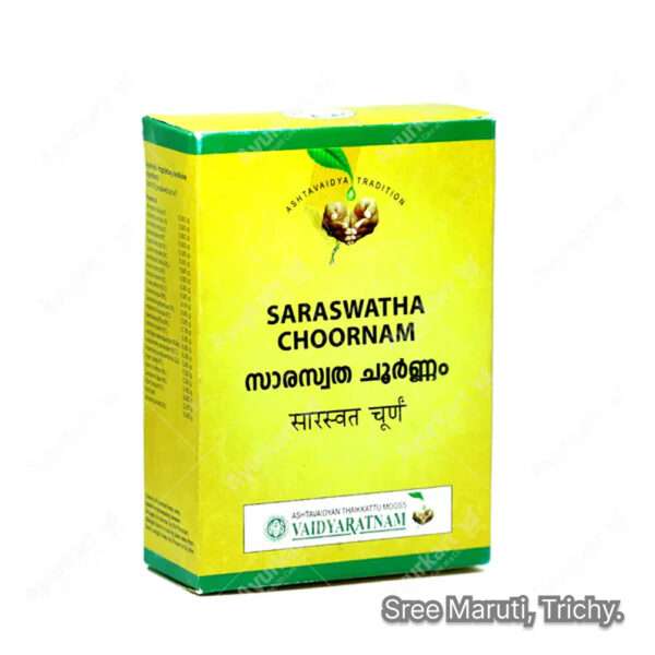 Saraswatha Choornam powder with Brahmi, Shankhapushpi, and Jatamansi – Ayurvedic brain and nerve tonic.