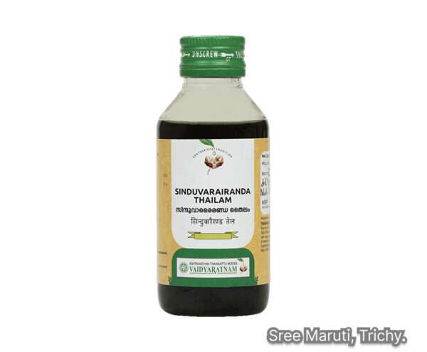 Sinduvarairanda Thailam Ayurvedic oil for arthritis, joint pain, stiffness, back pain, sciatica, and Vata imbalance.