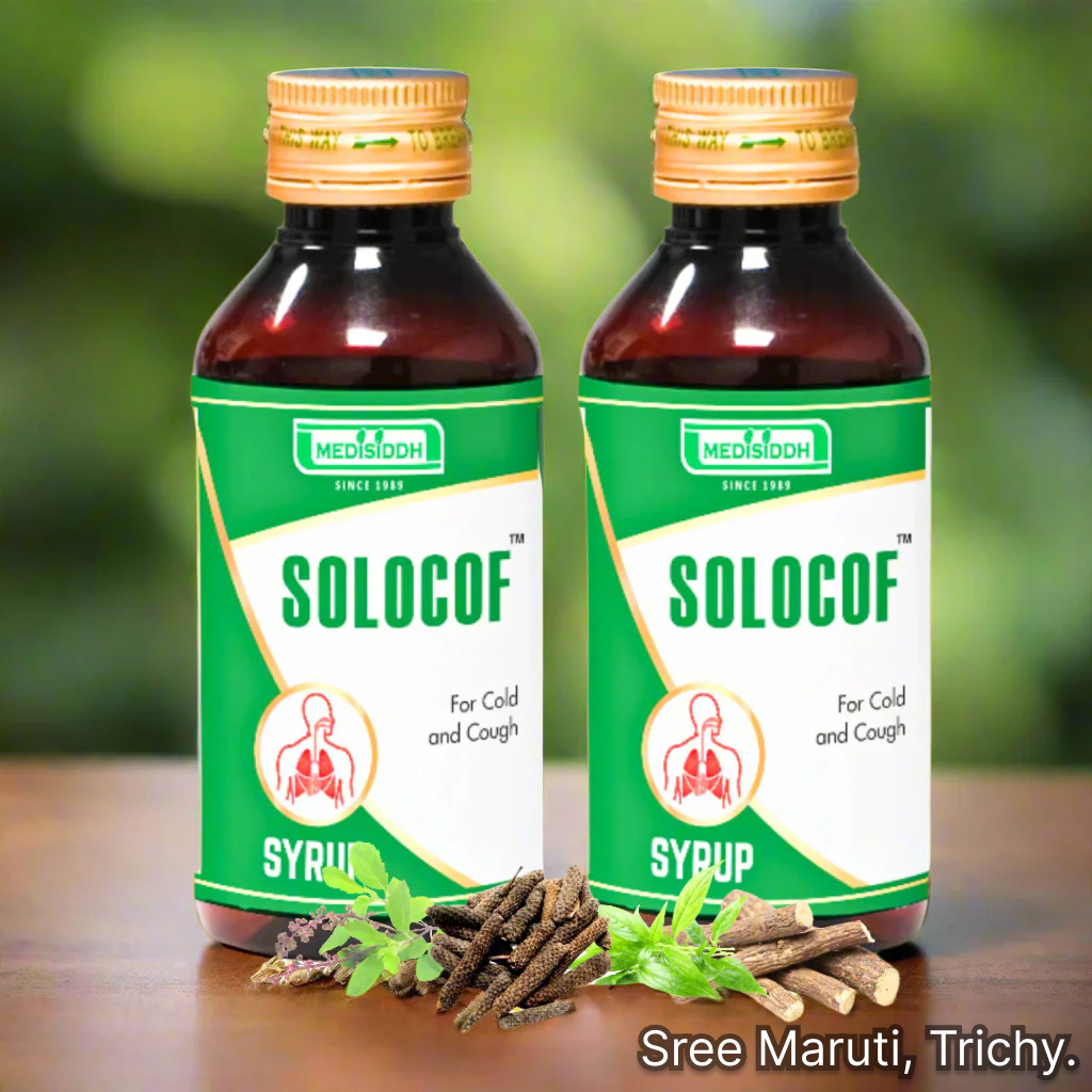Solocof Syrup bottle with herbal ingredients used for cough, cold, and asthma.