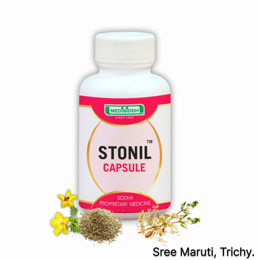 Stonil Capsule pack with herbal background and kidney stone relief symbol