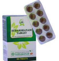 Sudharsanam Gulika tablets with Ayurvedic herbs for fever and digestive wellness.