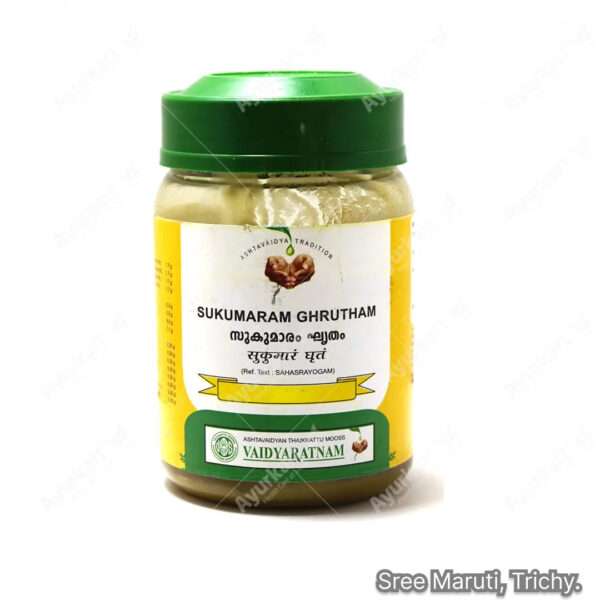 Sukumaram Ghrutham jar with herbal ingredients – Ayurvedic medicated ghee for urinary and reproductive system support.