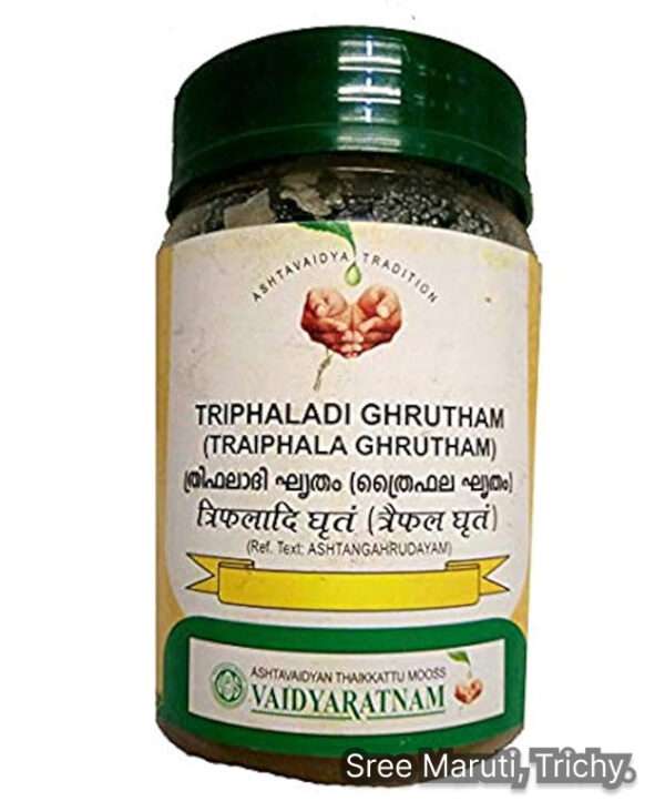 Triphaladi Ghrutham medicated ghee with Triphala fruits for eye care and wellness.