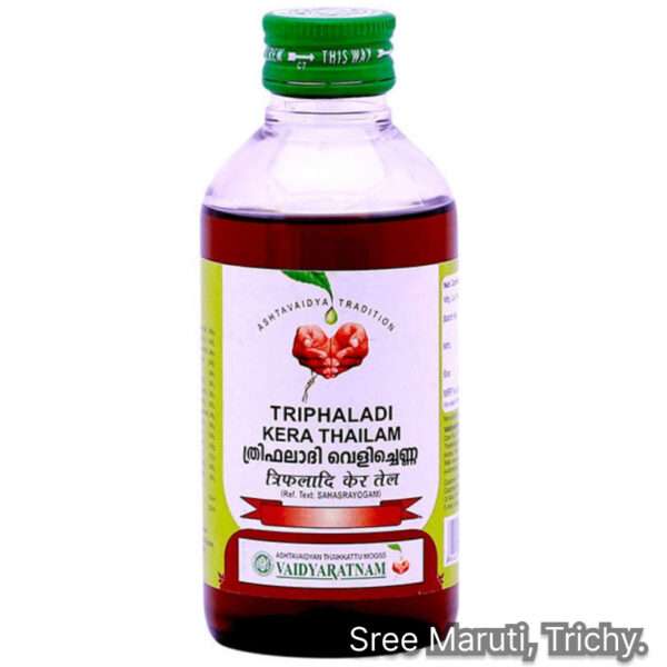 Triphaladi Thailam Ayurvedic oil for hair growth, scalp care, wound healing, arthritis, and neurological support.