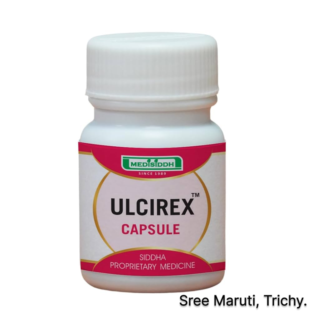 Ulcirex Capsule pack with herbal background and stomach health illustration