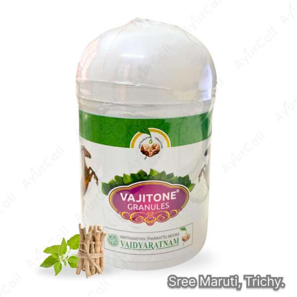 Vajitone Granules pack with Ayurvedic herbs and a glass of warm milk for women’s health and reproductive wellness.