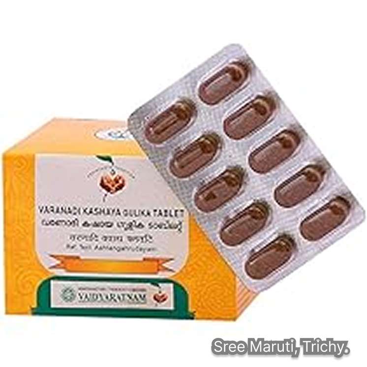 Varanadi Kashaya Gulika Tablets with Ayurvedic herbs for weight management and metabolic health.