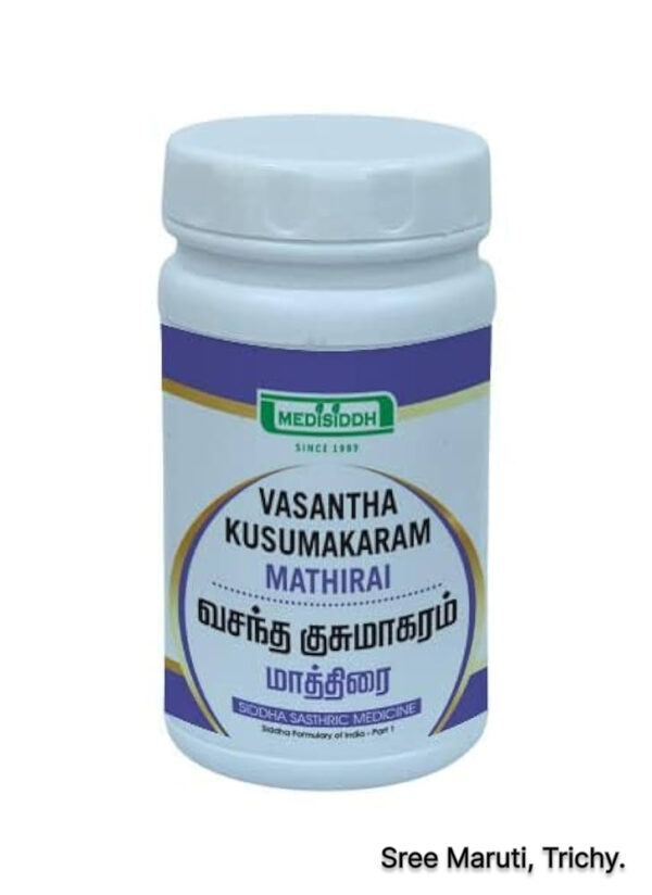Vasantha Kusumakaram Mathirai – Siddha herbal tablet for fever, cough, and urinary infection.