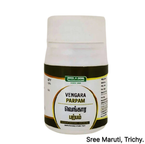 Vengara Parpam Siddha medicine with alum crystals and powder.