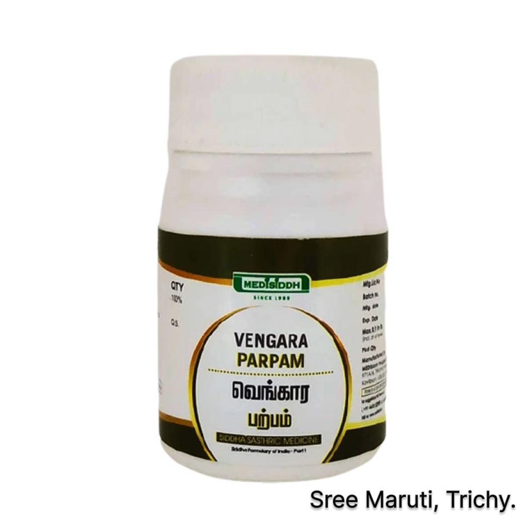 Vengara Parpam Siddha medicine with alum crystals and powder.