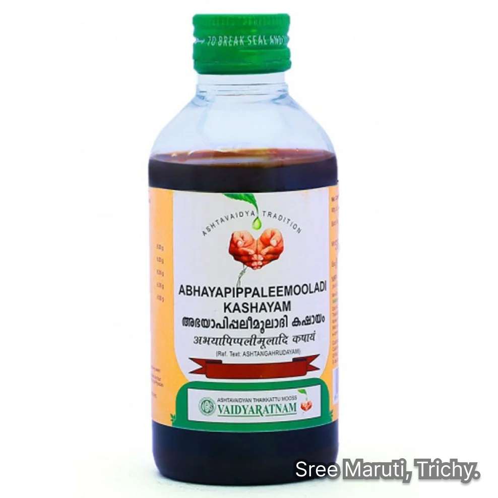 Abhayapippaleemooladi Kashayam Ayurvedic herbal decoction for digestion, constipation relief, and liver health.