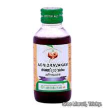Bottle of Agnidravakam Ayurvedic medicine with digestive spices for relief from gas and indigestion.
