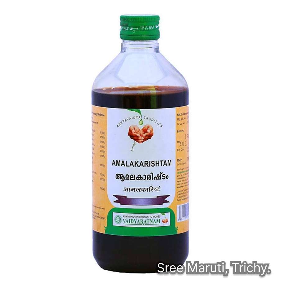Amalakarishtam Ayurvedic fermented herbal tonic for digestion, immunity, and general health.